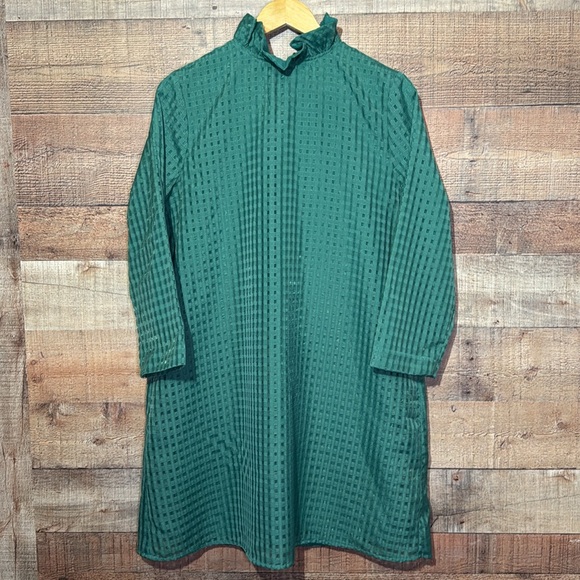 Tuckernuck Emerald Burnout Daphne Dress sz L Ruffle Collar Bow Mini Cocktail - Picture 2 of 15